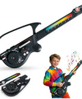 CL Funny Kids Electric Stringless Guitar With DJ Turntable And Lights, black design, young boy playing, colorful LED light show.