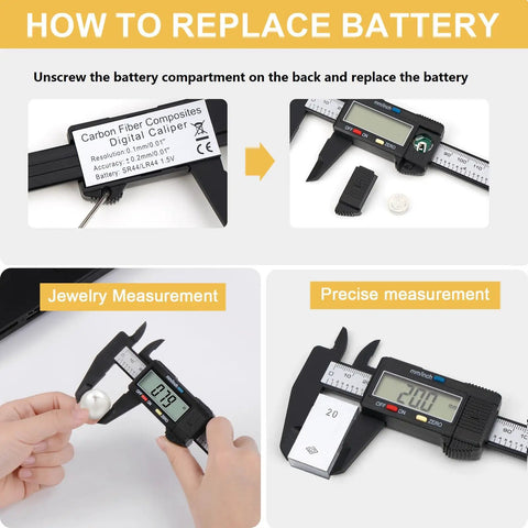 Digital Caliper 0-6 Inch With Big LCD Screen Auto On Off Feature Inch Millimeter Conversion Measuring Tool Handy For Home DIY Jewelry Making And Crafts Precise Readings Versatile For Everyday Use In Home Projects, showing battery replacement, jewelry and precise measurement features.