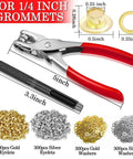 Complete 1200 Piece Pro Grade Grommet Eyelet Kit For Fabric And Leather Projects With Plier Hole Punch And 600 Silver And Gold Eyelets Plus 600 Washers One Quarter Inch Grommets Six Millimeter Set For Belts Clothing And DIY Repairs with plier and hole punch, gold and silver eyelets and washers displayed.
