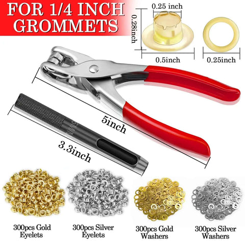 Complete 1200 Piece Pro Grade Grommet Eyelet Kit For Fabric And Leather Projects With Plier Hole Punch And 600 Silver And Gold Eyelets Plus 600 Washers One Quarter Inch Grommets Six Millimeter Set For Belts Clothing And DIY Repairs with plier and hole punch, gold and silver eyelets and washers displayed.