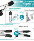 Comparison of upgraded gooseneck and alligator clips with rubber covers, highlighting comfort and durability features.