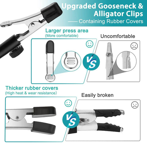Comparison of upgraded gooseneck and alligator clips with rubber covers, highlighting comfort and durability features.