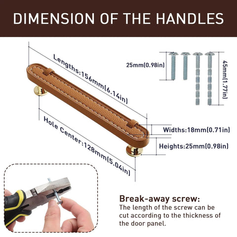 Dimensions and features of Two Pack Hand Stitch Brown Leather Cabinet Pulls 5 Inch Drawer Handles with adjustable screws.