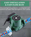 Heavy Duty Hot Water Circulation Pump Two Pack With Slick Booster Kit For House And Shop Use 110 Volt 14.6 Gpm 24 Foot Head Cast Iron Build Plus No Hassle Hardware Bundle, green pump with installation hose.