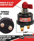 Longacre weatherproof battery disconnect switch, front view, red lever, two 3/8-inch studs, mounts in 0.75-inch hole
