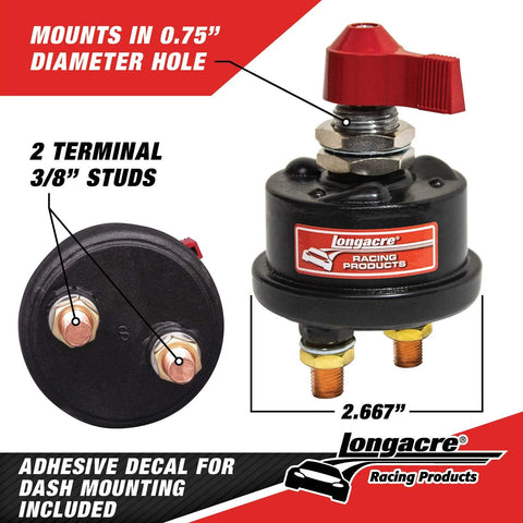 Longacre weatherproof battery disconnect switch, front view, red lever, two 3/8-inch studs, mounts in 0.75-inch hole