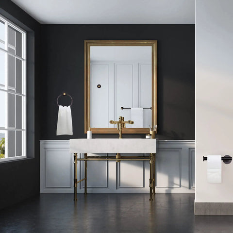 Kelton 4 Piece Matte Black And Satin Gold Bath Accessory Set in modern bathroom with towel bar, towel ring, toilet paper holder visible