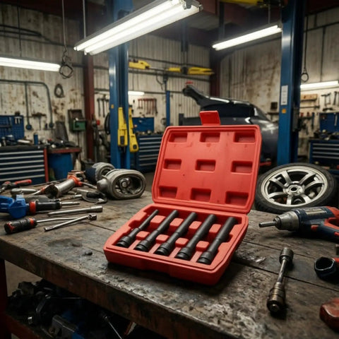 Rock Solid Five Piece Extended Thin Wall Impact Socket Set With Narrow Profile Design For Tough Car Wheel Maintenance And Automotive Repairs in red case