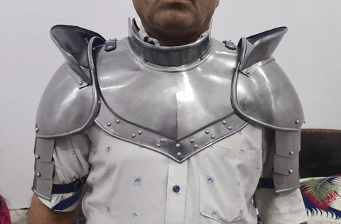 Iron Neck Plate Gorget With Pauldrons Gothic Spaulders Armor Set for LARP and SCA Knights, full adult size 18 gauge steel