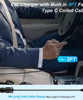 48W USB C Car Charger With Built In 30W Type C Cable Fast Charge Android Car Adapter in car with coiled 3ft cable.