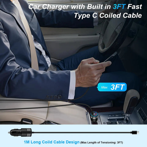 48W USB C Car Charger With Built In 30W Type C Cable Fast Charge Android Car Adapter in car with coiled 3ft cable.
