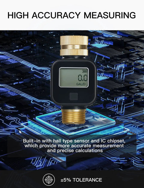 Water Flow Meter With Brass Inlet And Outlet, digital display, precise flow rate readout, ideal for RV tanks and garden use.