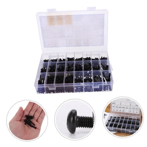 Shop Grade Metric Socket Head Cap Screw Assortment Kit With 1600 Pieces in clear box showing various sizes of durable carbon steel screws.