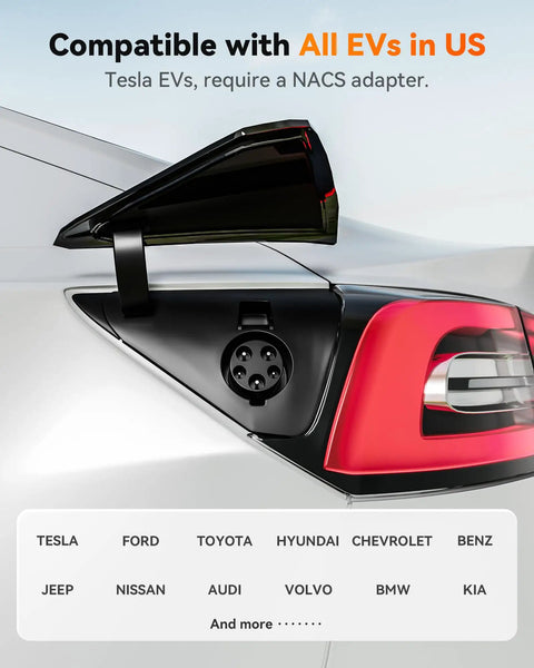 Electric vehicle charging port with compatibility list for Tesla, Ford, Toyota, Hyundai, Chevrolet, and more, requires NACS adapter.