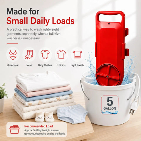 Hassle Free Portable Bucket Washer Fits 5 Gallon Cans Fast Cycle Mini Laundry Agitator with clothes and bucket.