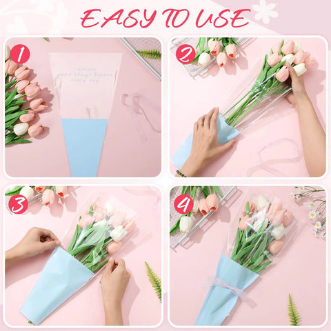 Step-by-step use of Disposable OPP Flower Sleeve Bags for Bouquets 150 Pack Clear Floral Packaging Wrap for Flowers DIY Gift Wrapping Supplies