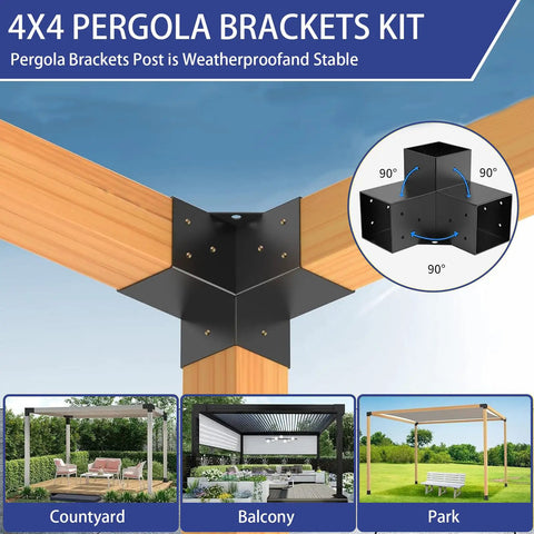 Beefy Black Pergola Bracket Kit 4 Pack T Shaped For 3.5x3.5 Inch Wood Beams With Screws Outdoor Gazebo And Party Bracket Set 3 Way Base Heavy Duty All Weather Hardware