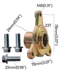 Close-up of components for 32 Inch Rear Live Axle Kit With 420 Sprocket And Brake Caliper, including bolts and measurements.