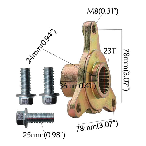 Close-up of components for 32 Inch Rear Live Axle Kit With 420 Sprocket And Brake Caliper, including bolts and measurements.