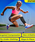 Woman jumping in athletic wear with black calf compression sleeves promoting Calf Compression Sleeves For Men And Women Unisex Leg Support.
