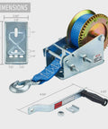 Heavy Duty 3500 Lbs Boat Trailer Winch With 32 Foot Strap, Hand Winch, 2 Way 2 Speed Gear Ratio 4 To 1 Or 8 To 1 with dimensions