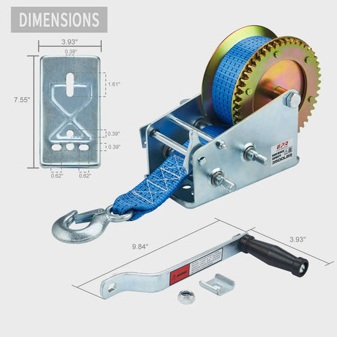 Heavy Duty 3500 Lbs Boat Trailer Winch With 32 Foot Strap, Hand Winch, 2 Way 2 Speed Gear Ratio 4 To 1 Or 8 To 1 with dimensions