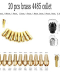 Bombproof 24 Pcs Brass Quick Change Drill Chuck Collet Set For Rotary Tools And Electric Grinders 0.5 To 3.2Mm Heat Treated Fine Copper Heavy Duty Grip displayed in various sizes.