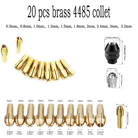 Bombproof 24 Pcs Brass Quick Change Drill Chuck Collet Set For Rotary Tools And Electric Grinders 0.5 To 3.2Mm Heat Treated Fine Copper Heavy Duty Grip displayed in various sizes.