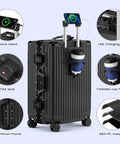 Front view of black 20-inch aluminum-frame zipperless carry-on luggage with USB port, TSA lock, spinner wheels.