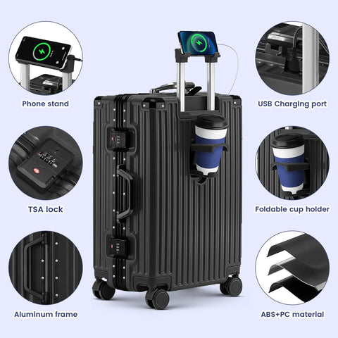 Front view of black 20-inch aluminum-frame zipperless carry-on luggage with USB port, TSA lock, spinner wheels.