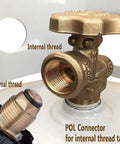 Brass propane regulator with POL connector and stainless braided hose, showing external and internal thread ports.