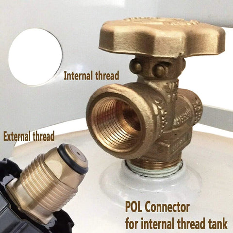 Brass propane regulator with POL connector and stainless braided hose, showing external and internal thread ports.