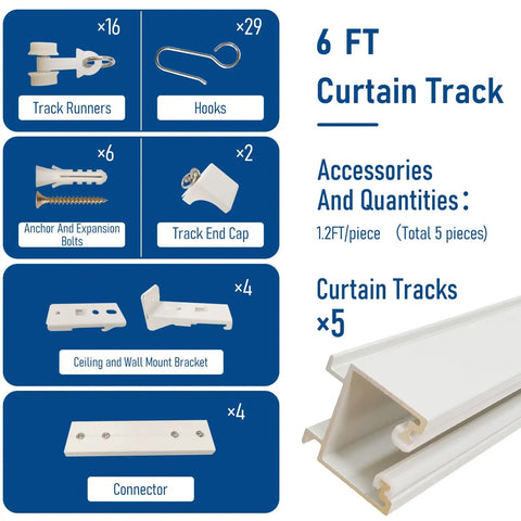 Heavy Duty Ceiling Or Wall Mount Curtain Track System With Hooks 6 Feet Aluminum Rail For Living Room Bedroom And Bath Smooth Gliding Curtains White Finish showing 6 ft track and accessories
