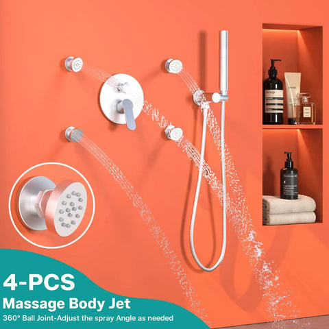 Enga Dual Head Shower System with 4 Body Jets featuring modern wall-mounted design and stainless steel handheld shower.