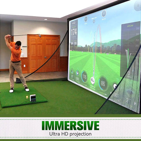 golfer practicing with 7mm Thickened Ultra Clear Golf Impact Screen With 32 Grommets 8 Foot By 8 Foot For Indoor Outdoor And Garage