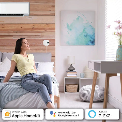 Woman relaxing on bed using Smart AC Controller For Home Comfort And Energy Savings, 60 Second Setup, Boss Level Control