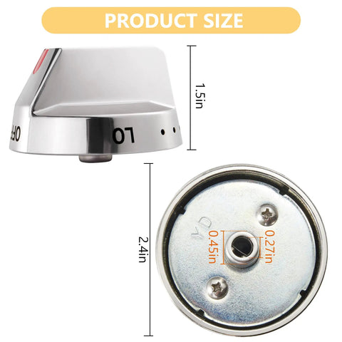 Product size of Stove Knob Control Dial With Reinforced Power Ring Protection For Samsung Gas Range Ovens Upgraded Five Piece Replacement Knob Set Fits NX58J7750SS NX58M6850SS NX58H5600SS NX58F5700WS NX58H5650WS showing dimensions.