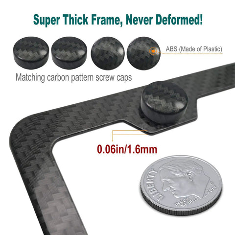 Carbon Pattern Aluminum License Plate Frame Slim Car Tag Cover Black Finish with matching screw caps, showing thickness comparison.