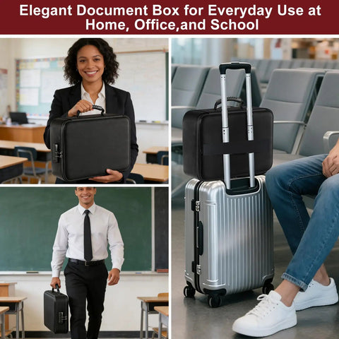 Fireproof Document Box With 5200F Heat Resistance in classroom and travel setting, portable design for home and office use.