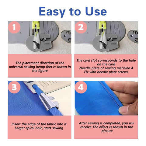 Four TOOVREN universal rolled-hem presser feet for sewing machines, 7–10 mm, multi-panel front view