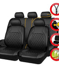 Universal Deluxe PU Leather Car Seat Covers Full Set Premium Faux Leather, Airbag Compatible, Breathable, Water Resistant, Spill Proof Guard, Fits Cars Trucks SUVs, All Black with design highlights.