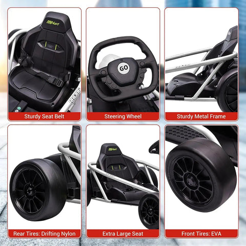 Details of Teen Go Kart With 24V 9Ah Battery Dual 300W Motors Extra Powerful Up To 8 MPH Drifting Fun, focusing on seat and wheels.