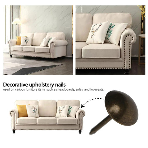 Top Shelf Upholstery Tacks And Furniture Pins For Decorative Fabric Fastening 100 Pack Hella Durable Hardware with decorative bronze upholstery nail next to sofa.
