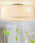 Low Profile Ceiling Fan With Light 20 Inch Boho Rattan Flush Mount Drum Cage 6 Speeds With Remote Control, viewed from below.