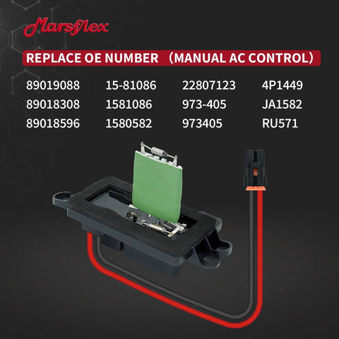 Blower Motor Resistor 89019088 For Chevy Silverado Suburban Tahoe Avalanche And GMC Sierra Yukon With Manual AC Control 2003 2004 2005 2006 1581086 Replacement Part shown with multiple OE numbers