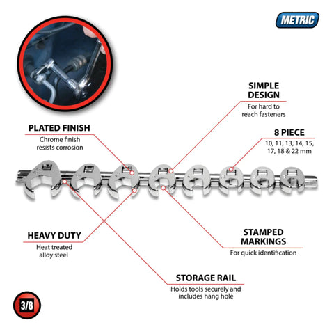 8-Piece Metric Crowfoot Wrench Set on rail, heavy duty drop-forged alloy steel, heat treated, sizes 10-22 mm for tough jobs.