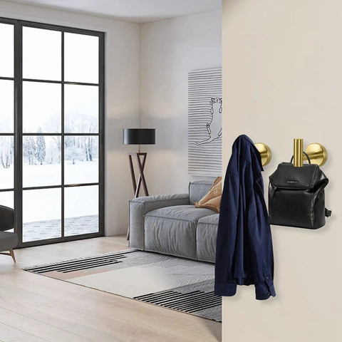 Beefy Heavy Duty Wall Mounted Brushed Gold Stainless Steel Coat Hooks And Towel Hooks Set Four Pack displayed in living room
