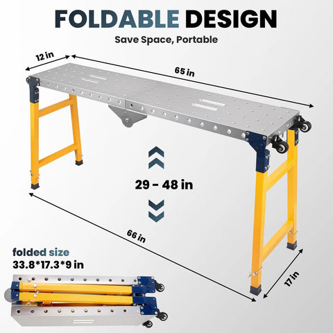 Built Tough Folding Welding Table With Adjustable Height Carbon Steel Workbench Savage Strength Handles 1100 Pounds Without Breaking A Sweat, dimensions shown.