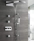 Heavy Hitter Full Copper Concealed Shower Kit With Four Function Waterfall Wall Mounted Top Spray And Pressurized Handheld Featuring Ceramic Valve pouring water in modern bathroom