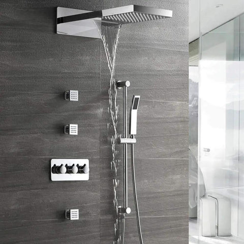 Heavy Hitter Full Copper Concealed Shower Kit With Four Function Waterfall Wall Mounted Top Spray And Pressurized Handheld Featuring Ceramic Valve pouring water in modern bathroom